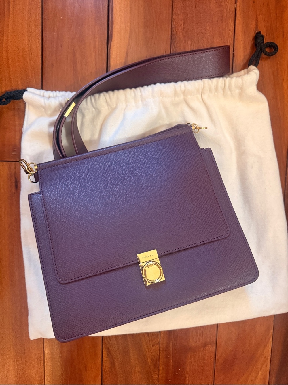 Polène Structured Leather Shoulder Bag in Deep Purple with Gold Hardware